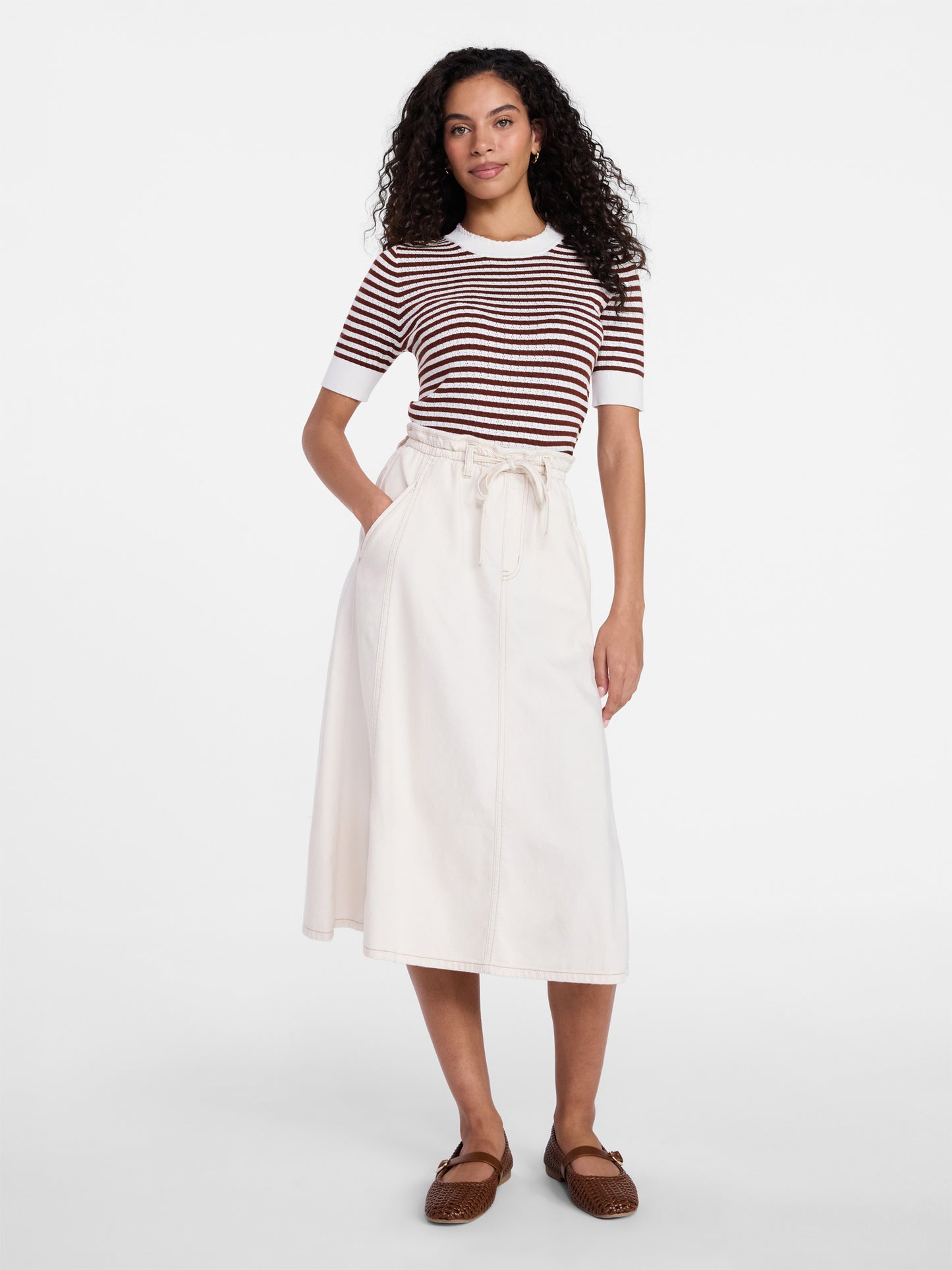 Walmart Time and Tru Women's Tie Waist Denim Midi Skirt, Sizes XS-XXXL