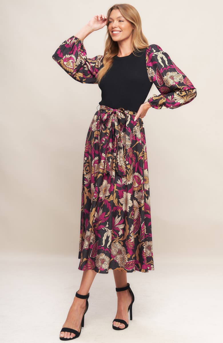 FLYING TOMATO Long Sleeve Mixed Media Fit & Flare Dress