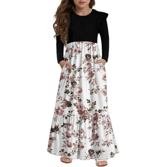 Walmart Abcomgle Girls Maxi Dresses 7-8 Casual Patchwork Ruffle Long Sleeve Girls Long Dresses Vintage Floral Print Crew Neck Sundresses Tiered Flowy Dresses with Pockets,11-12 Years White