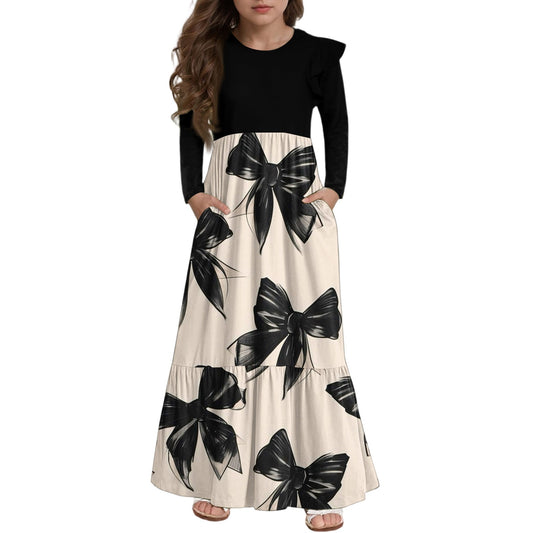 Walmart Abcomgle Girls Maxi Dresses Size 14-16 Casual Patchwork Ruffle Long Sleeve Maxi Dress Bownot Graphic Crew Neck Sundresses Loose Tiered Dresses with Pockets,11-12 Years Beige