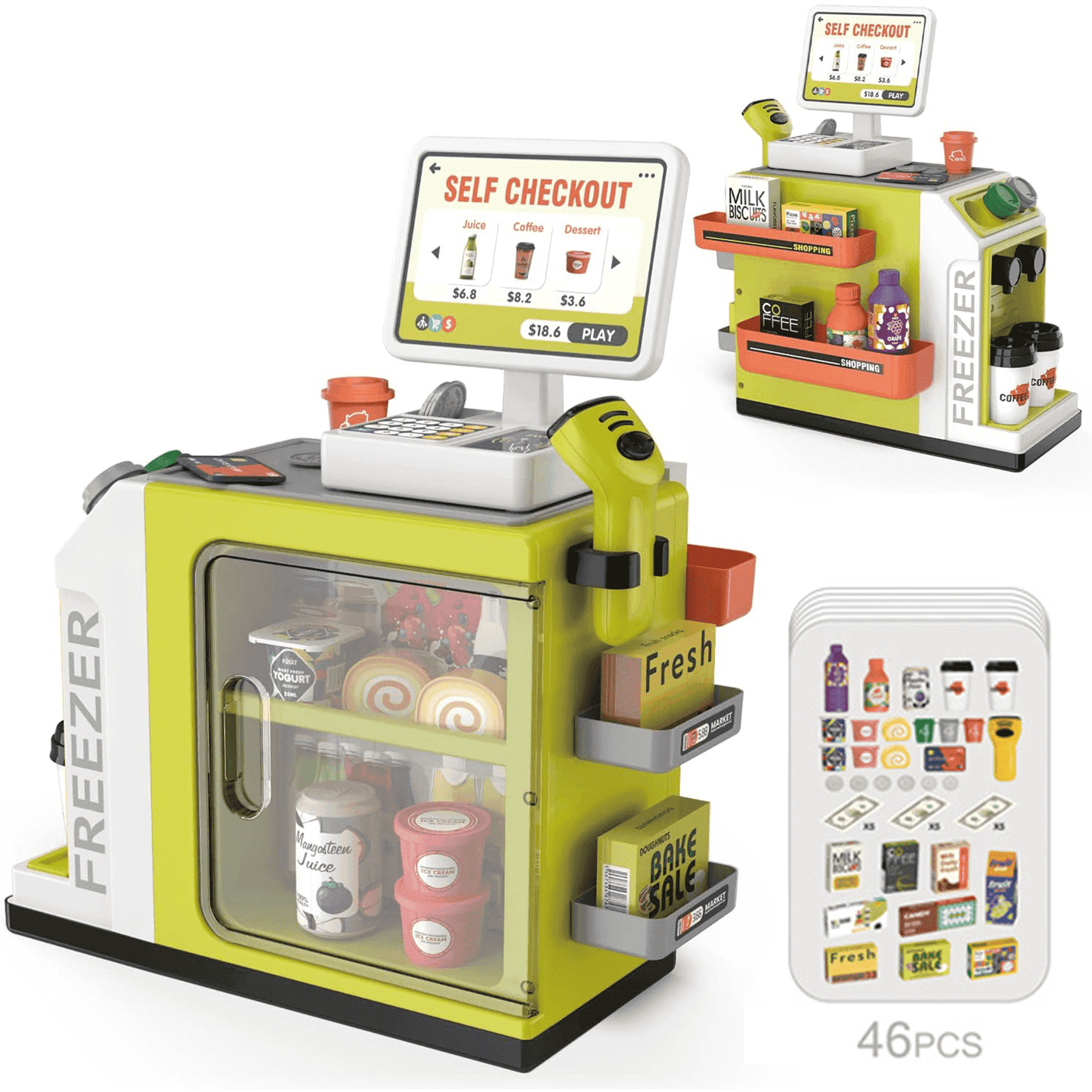 Walmart Adofi 46PCS Upgraded Cash Register Playset for Kids, Cashier Register Toy, Kids Pretend Play Cash Register Toys with Scanner, Shopping Cart, Calculator, Play Food, Toys for Girls 3 6 Years-Green