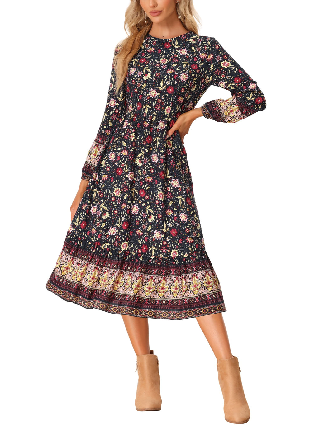 Allegra K Women's Boho Floral Long Sleeves Midi Dress - image 1 of 5