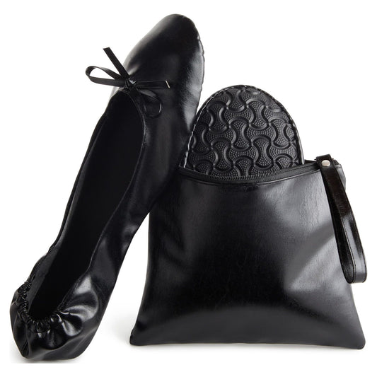 Walmart Black Foldable Ballet Flats for Women, Roll Up Flats with Zipper Pouch, US Size 8.5-9.5