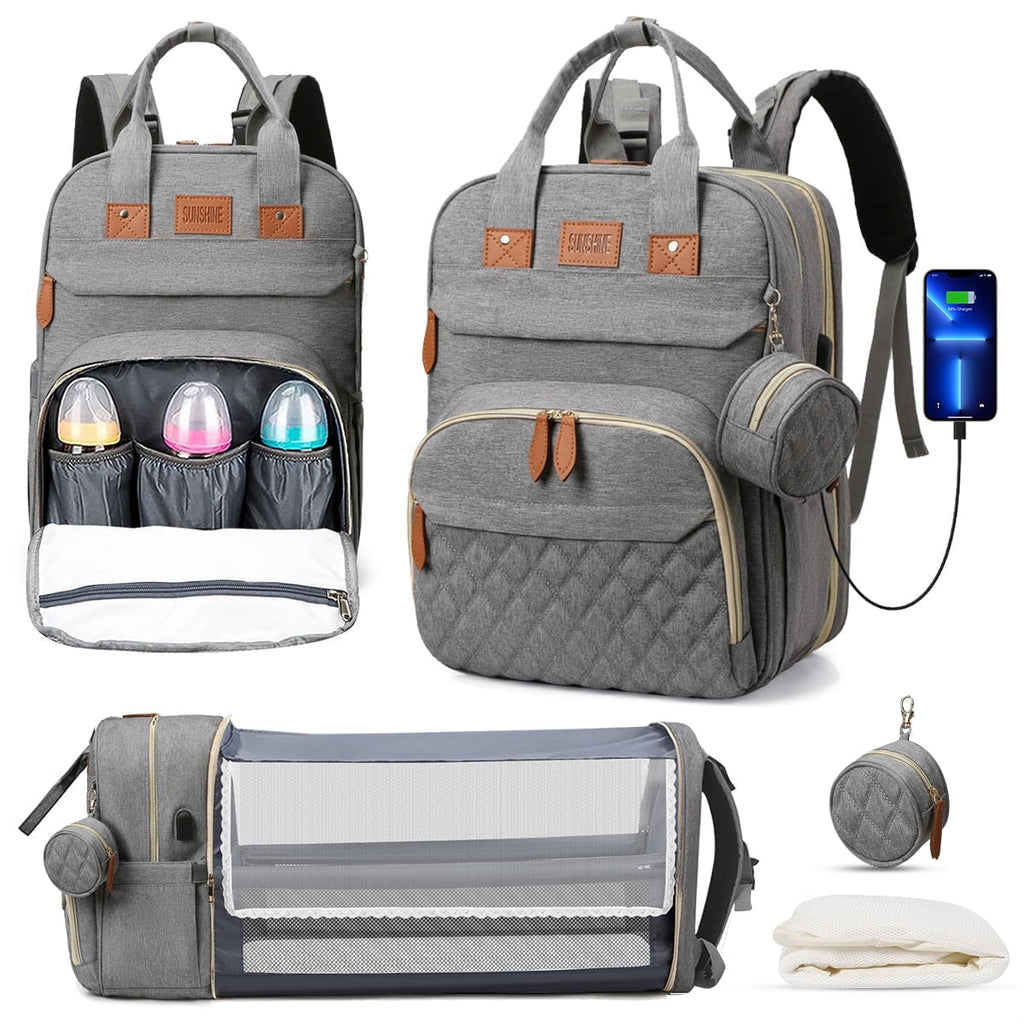 thumbnail image 1 of Diaper Bag Backpack, Multifunction Diaper Bag Backpack with Changing Station, USB Charging Port & Foldable Crib, Large Capacity Travel Backpack w/Sunshade&Pacifier Case&Stroller Straps(Grey), 1 of 7