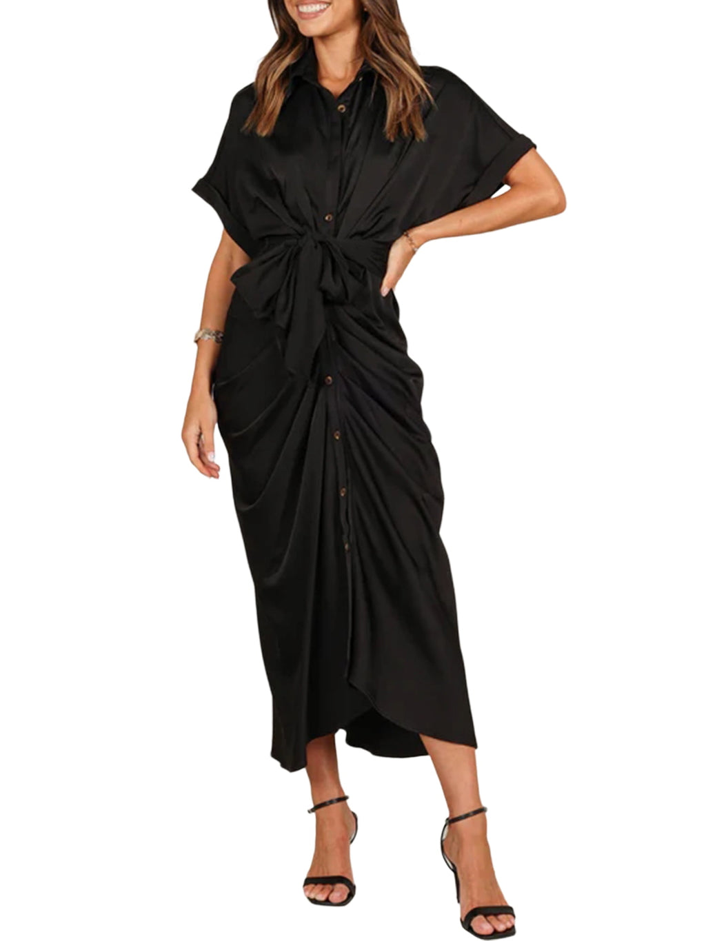 Hanerdun Women Button Down Ruched Shirt Dresses V Neck Belted Party Maxi Satin Dress Black S - image 1 of 5