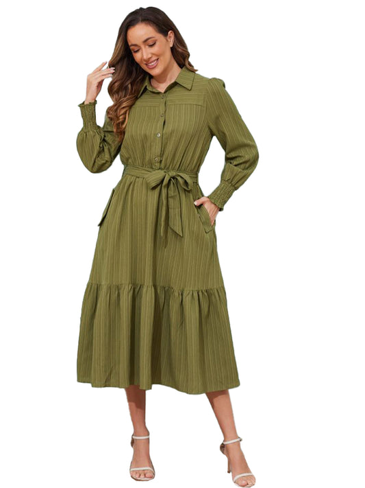Walmart Frontwalk Fall Dresses For Women 2024 Lapel Neck Button Long Sleeve Dress Belted A-Line Flowy Rufflee Maxi Shirt Dress Casual Long Sundress Army Green XL