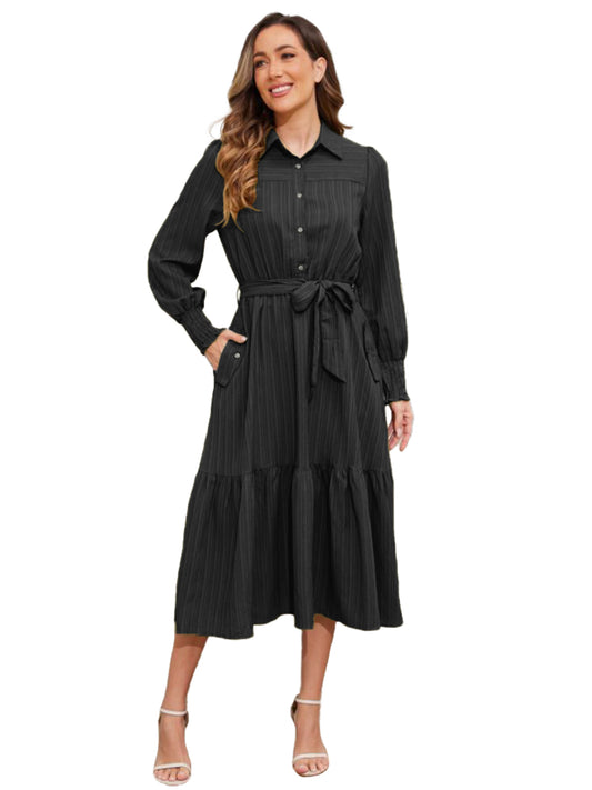 Walmart Frontwalk Fall Dresses For Women 2024 Lapel Neck Button Long Sleeve Dress Belted A-Line Flowy Rufflee Maxi Shirt Dress Casual Long Sundress Black XL