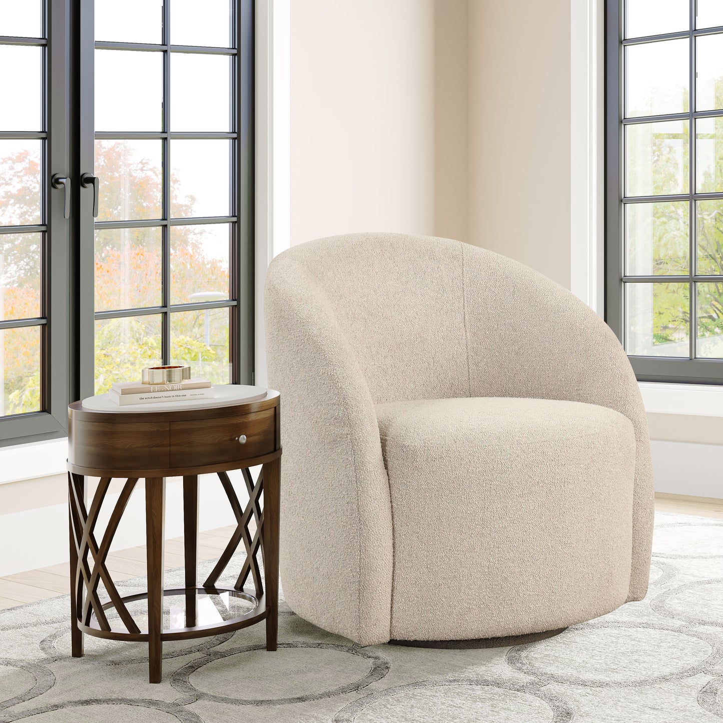 Walmart Lifestyle Solutions Briars Art Deco Style Swivel Accent Chair, Khaki Boucle Fabric