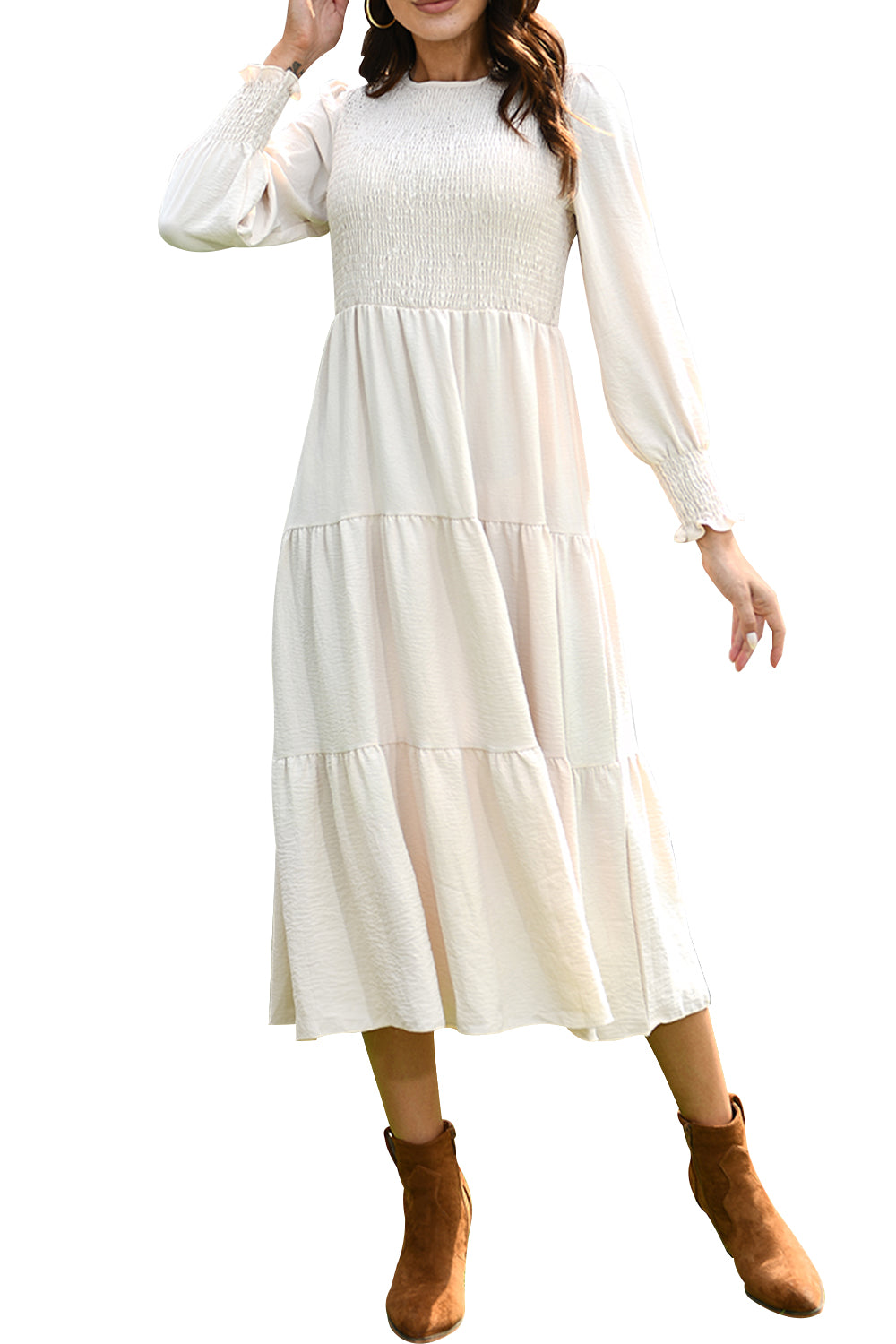 Walmart Mengpipi Womens Casual Long Sleeve Midi Dresses Smocked Flowy Tiered Dress Beige, Size 12-14