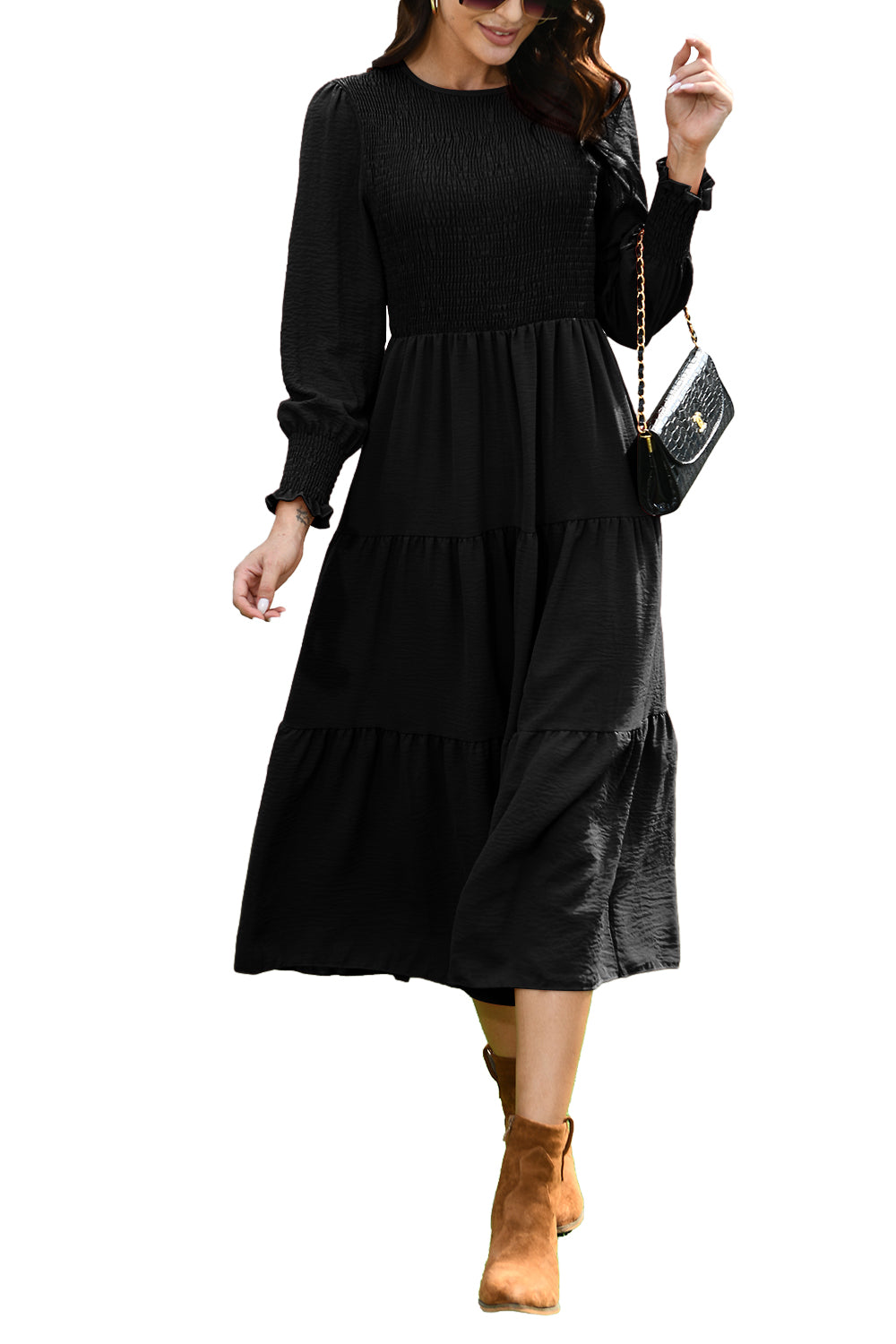 Walmart Mengpipi Womens Casual Long Sleeve Midi Dresses Smocked Flowy Tiered Dress Black, Size 12-14