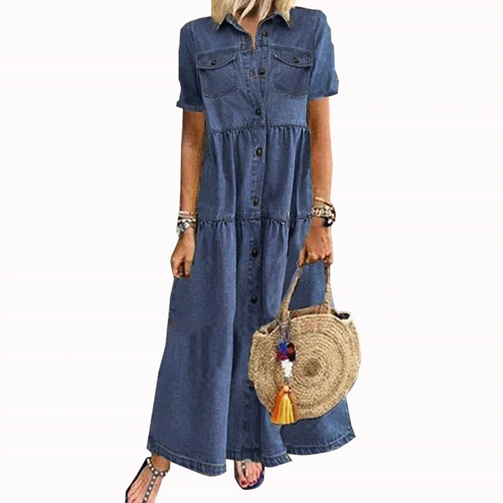 New Year's Deals!Tuscom Women's Dresses Summer Casual Multi-Button Denim Maxi Dress Lapel Short Sleeve Loose Long Jeans Dress with Pockets - image 1 of 4