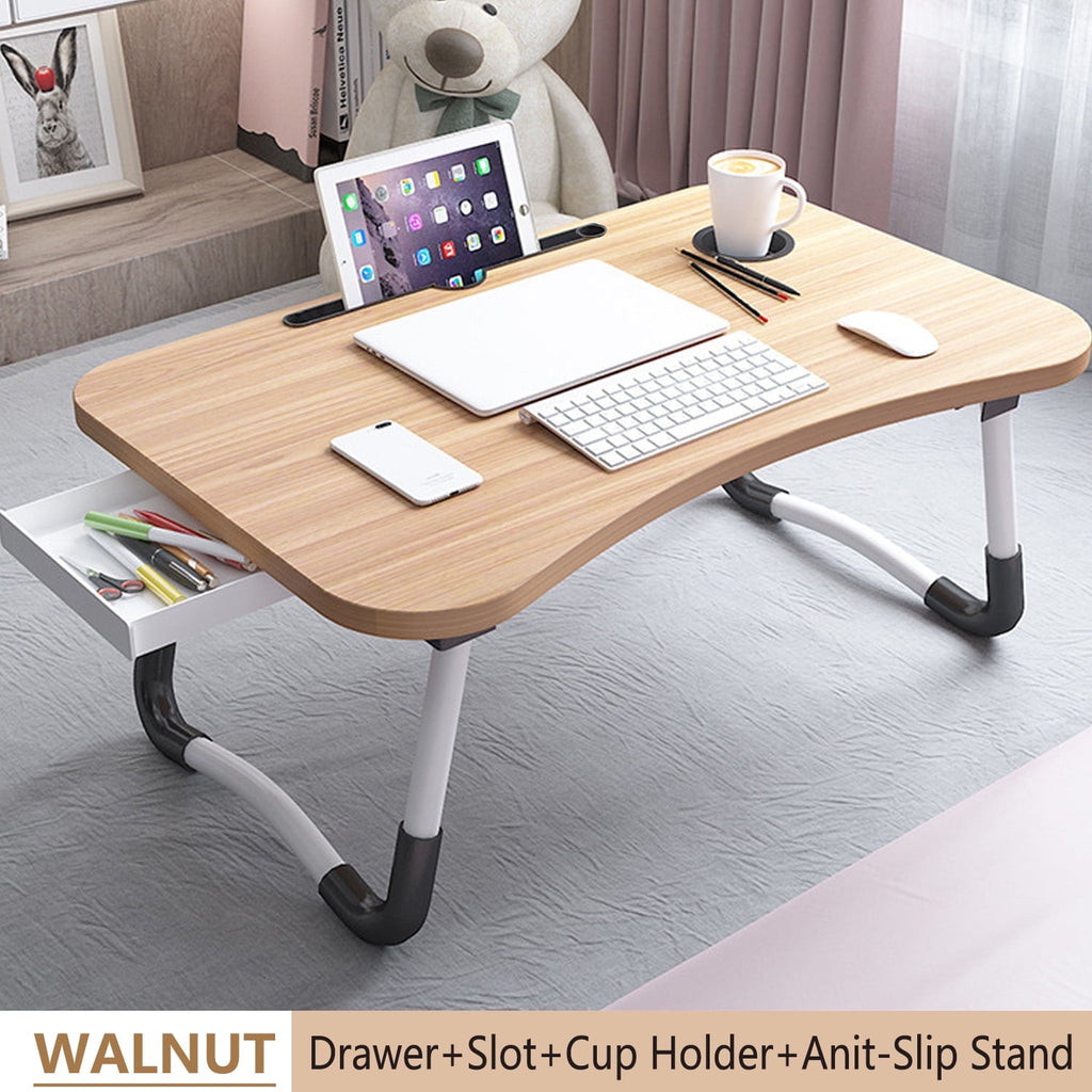 thumbnail image 1 of PHANCIR Foldable Lap Desk, 23.6 Inch Portable Wood Laptop Desk Table Workspace Organizer Bed Sofa Tray with Slots/Cup Holder/Drawer, Anti-Slip for Reading Writing Eating Watching, Walnut, 1 of 7