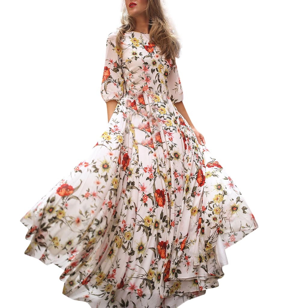 Women Summer Dresses Casual Half Sleeve Boho Swing Floral-Printed Holiday Maxi Dress Boho Dress - image 1 of 1