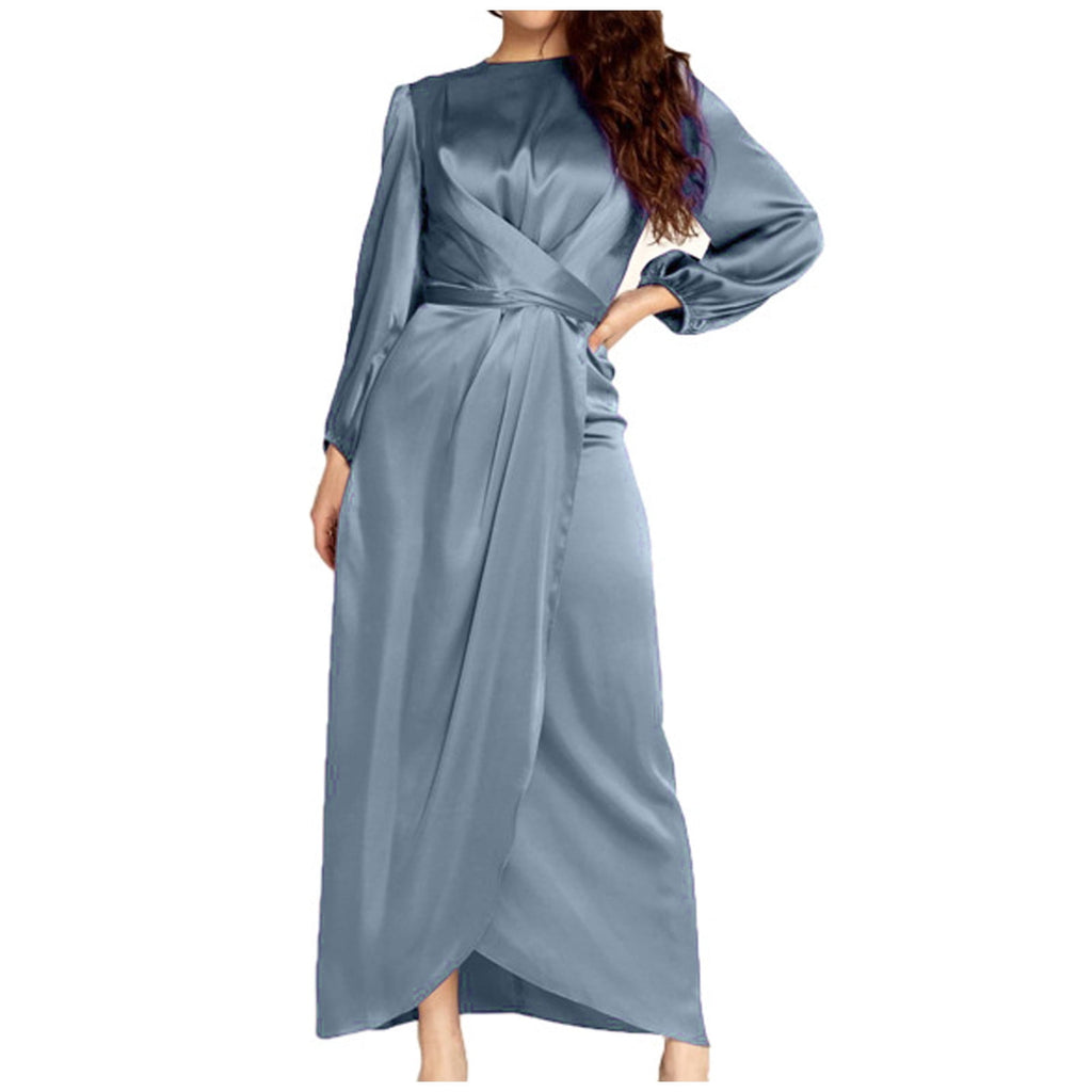 QUYUON Plus Size Maxi Dress for Women Clearance Casual Round Neck Solid Waistb Long Sleeve Dress Long Formal Dress Women Midi Bodycon Dress Style D-3040 Gray XXL - image 1 of 1