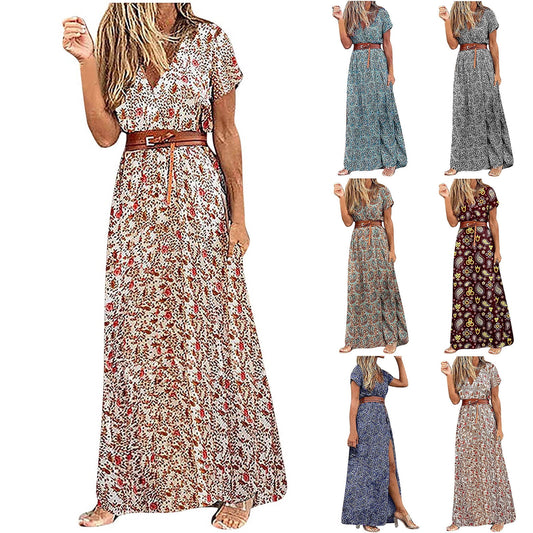 Walmart Rciityk Red Boho Dresses for Women 2024 Summer Casual V Neck Short Sleeve Vintage Print Maxi Dress Vacation Beach Bohemian Dress - Spring/Summer Savings Clearance
