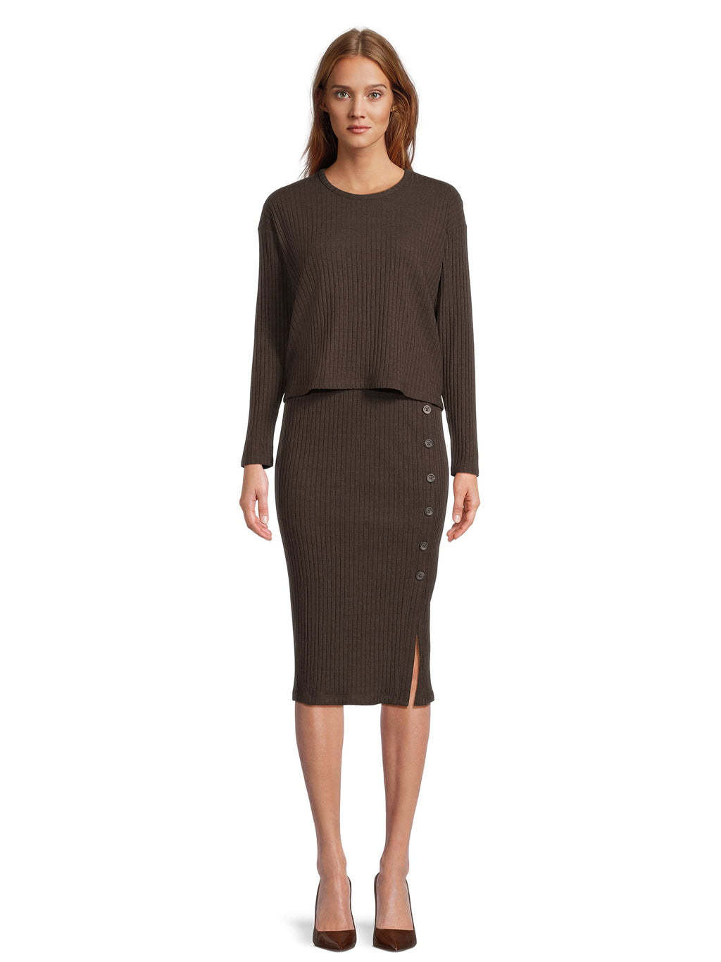 Time and Tru Women's Rib Knit Long Sleeve Top and Midi Skirt Set, 2-Piece , Sizes XS-XXL - image 1 of 6
