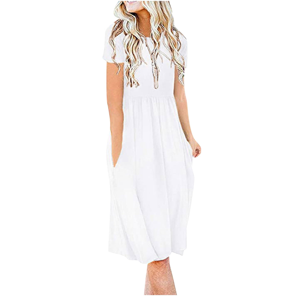 Women's Summer Casual Dresses Short Sleeve Solid Pockets Tshirt Dress Loose Crewneck Pleated Flowy Midi Dress for Women - image 1 of 5