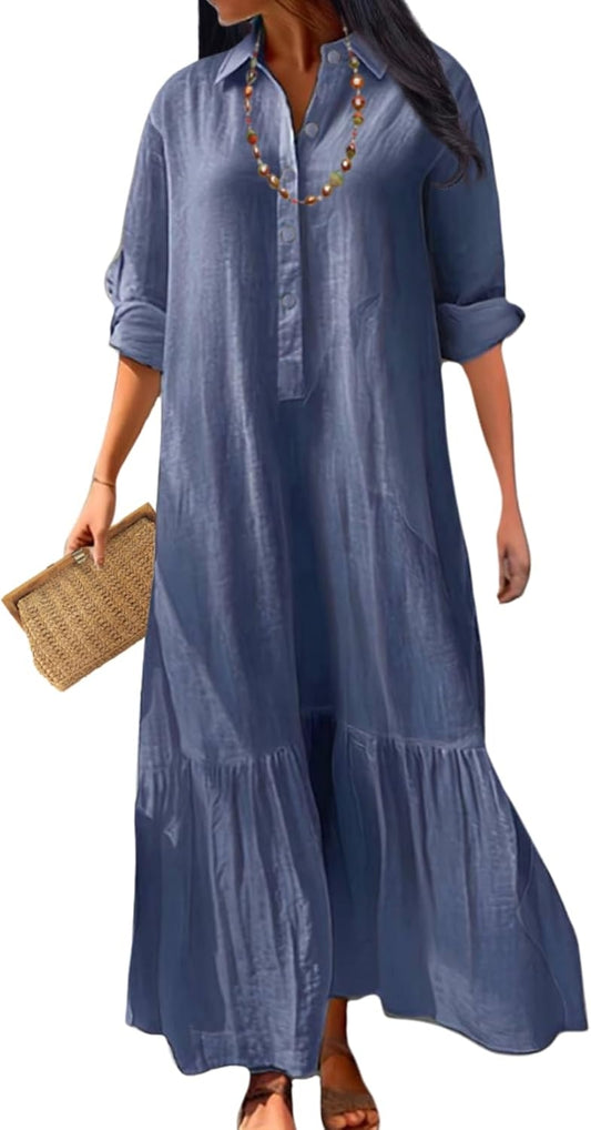 Walmart Womens Cotton Linen Dress Casual Button Down Long Sleeve Flowy Plus Size Lapel Collared Maxi Dresses Shirt Dress