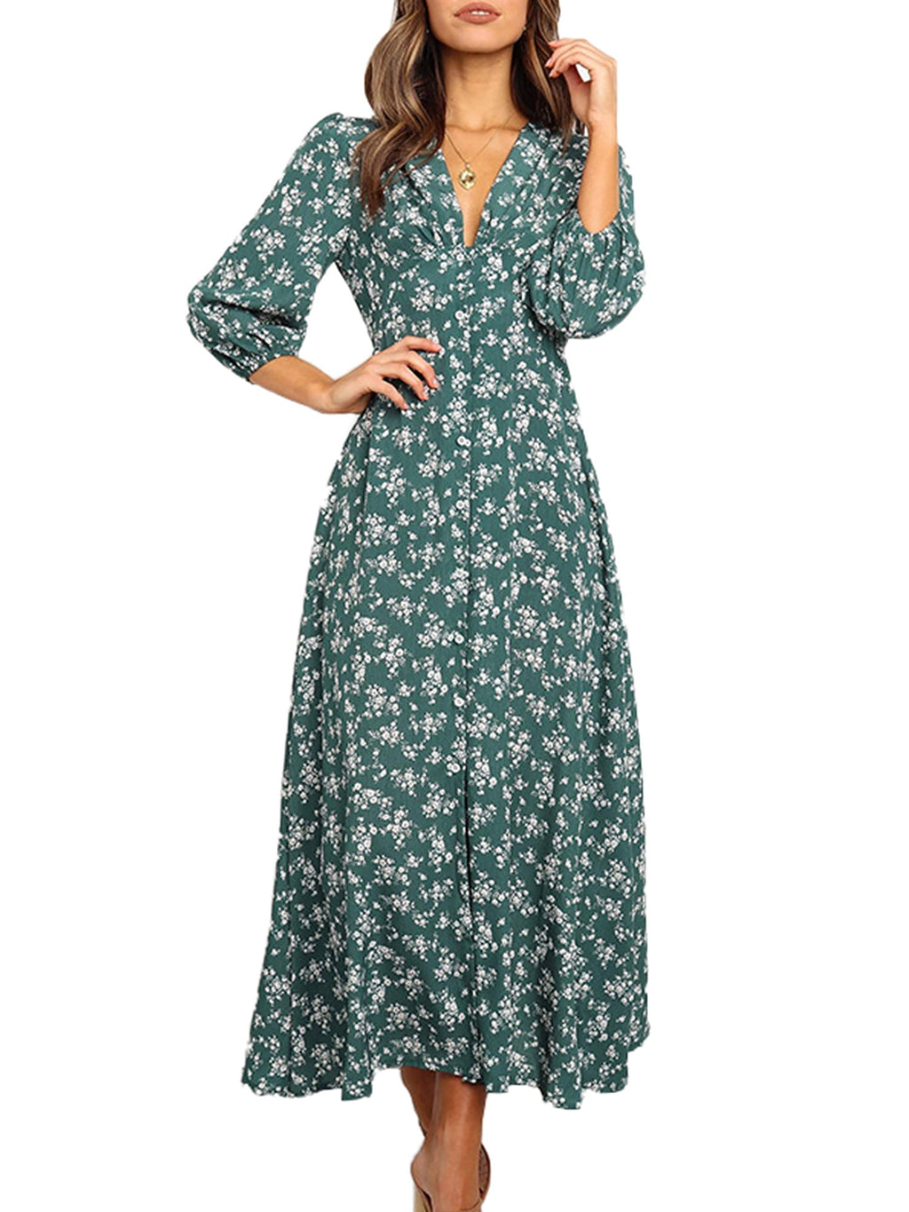 Womens Long Sleeve Bohemian Floral Maxi Dresses Loose Casual High Waist Boho Printed Maxi Dress Beach Party Dress - image 1 of 4