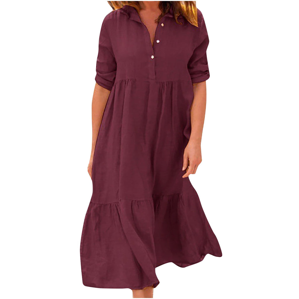 Womens Long Sleeve Cotton Linen Dress Button up V Neck Collared Plain Midi Dress Casual Pleated Loose Swing Dress - image 1 of 7