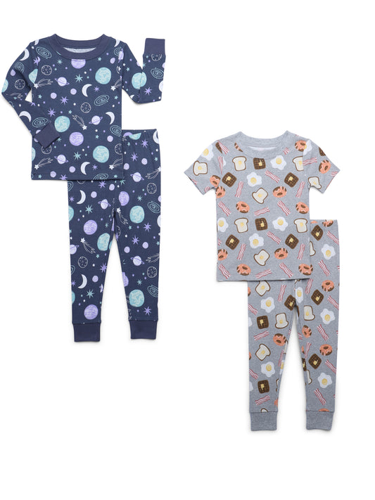 Walmart Wonder Nation Toddler Short and Long Sleeve Cotton Tight Fit Pajama Set, 4-Piece, Sizes 12M-5T