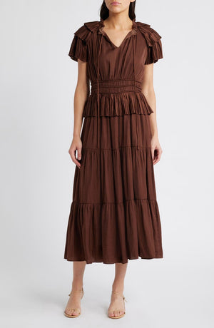 MOON RIVER Tiered Plissé Midi Dress