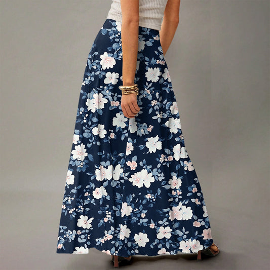 Walmart WULMLEO Long Skirts for Women Trendy Boho High Waisted Maxi Skirts with Pockets Floral Flowy Beach Vacation A Line Skirt Royal Blue L