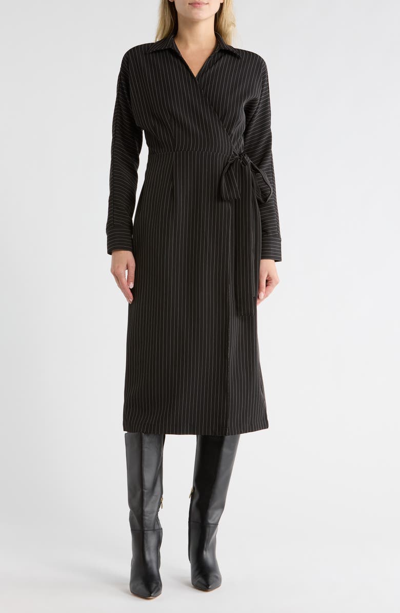 AREA STARS Cass Pinstripe Long Sleeve Wrap Dress