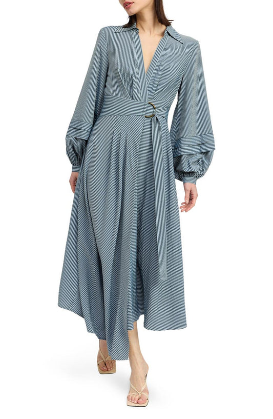 En Saison Berenger Stripe Long Sleeve Asymmetric Wrap Shirtdress