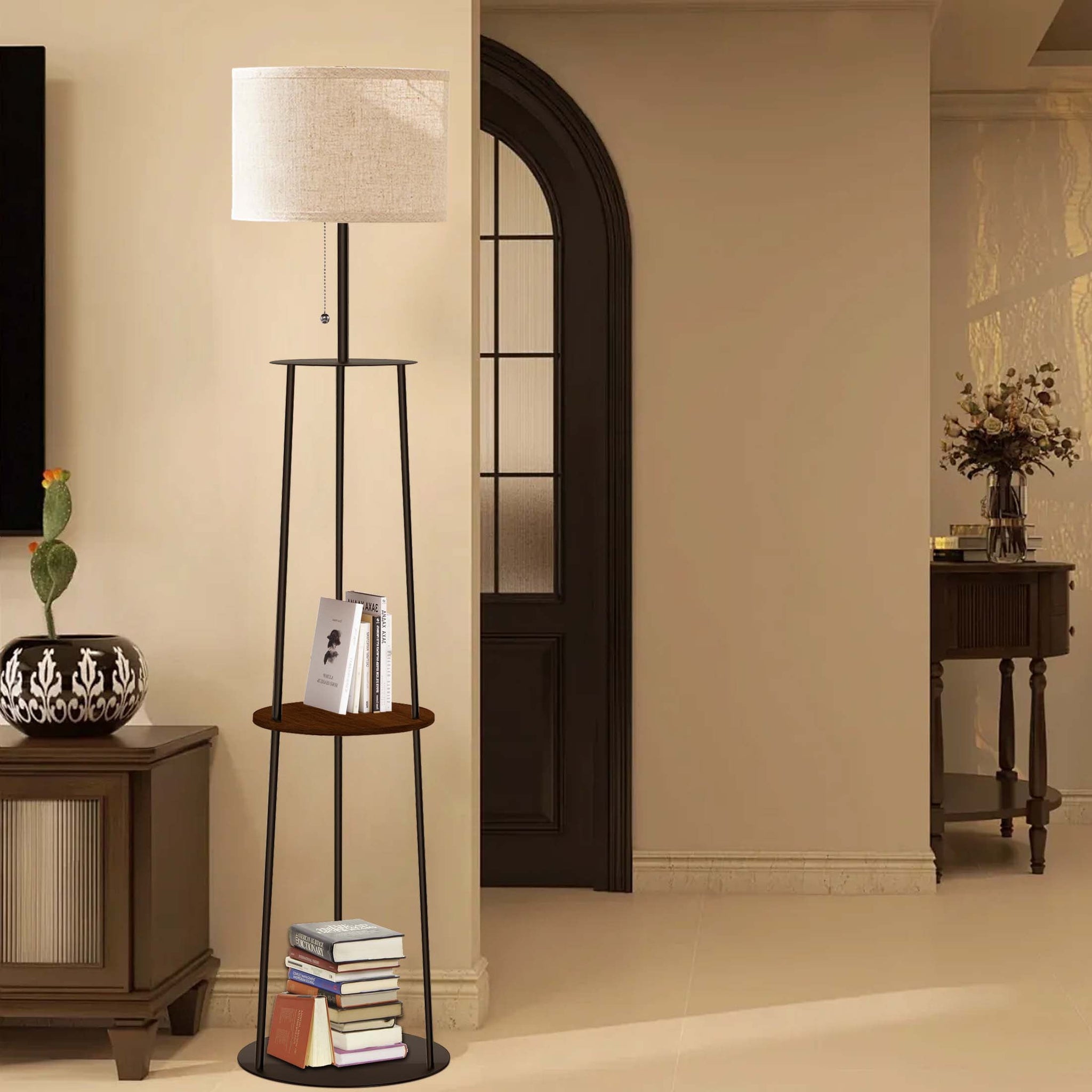 thumbnail image 3 of 65" Floor Lamp with Shelves, 3 Color Temperature Bulb, Remote Control, Stepless Dimming - Modern Design with Circular Stand and Linen Lampshade, 3 of 7