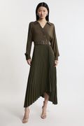Jersey And Georgette Mix Belted Pleat Midi Dress