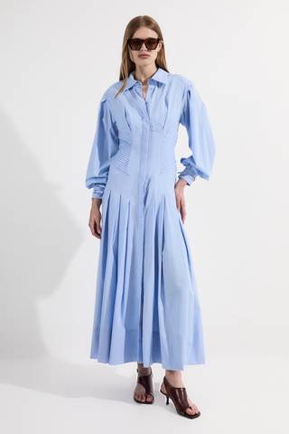 Jersey And Georgette Mix Belted Pleat Midi Dress