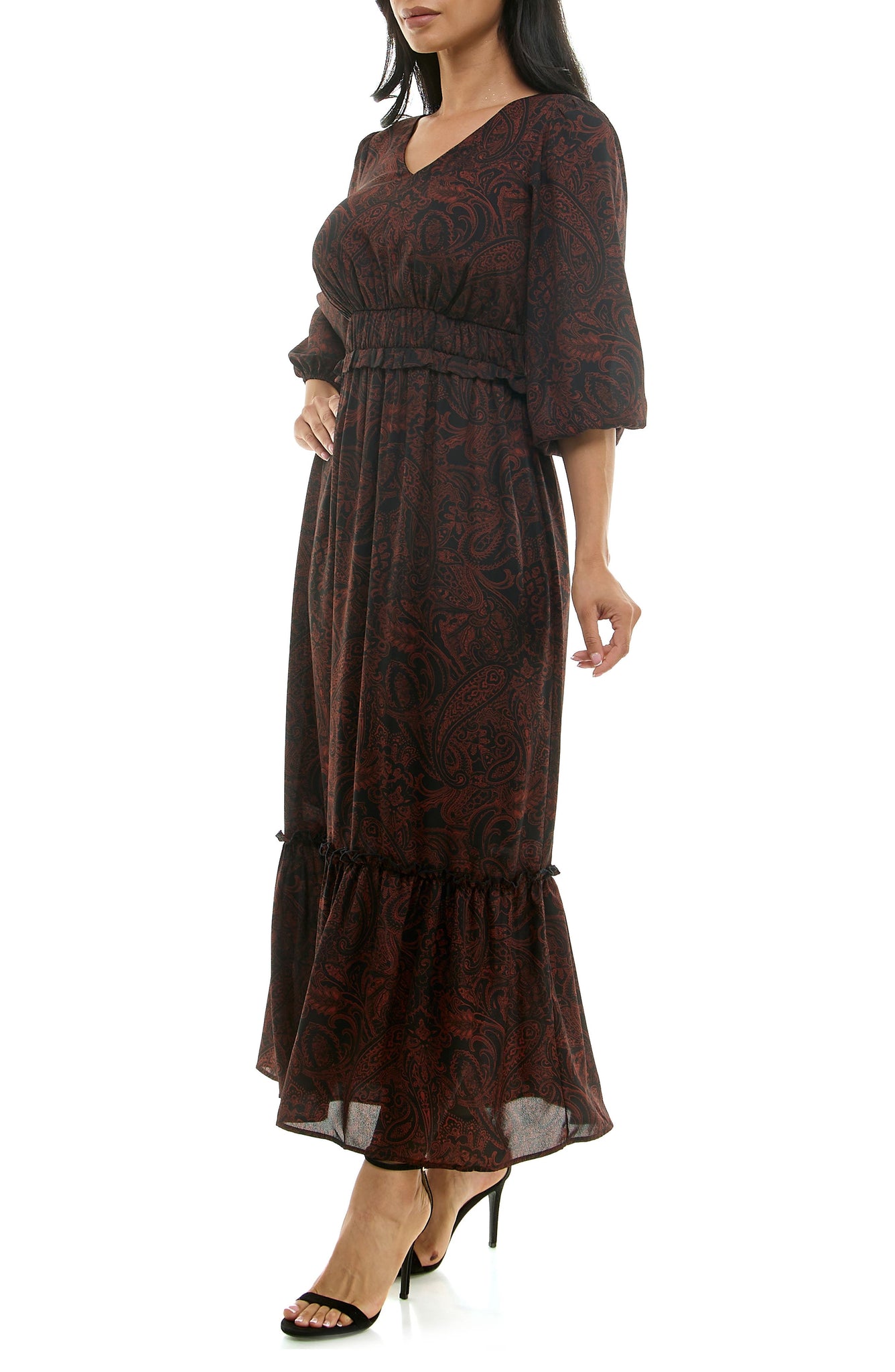 Nina Leonard Floral V-Neck Maxi Dress, Alternate, color, Smoked Paprika/ Black