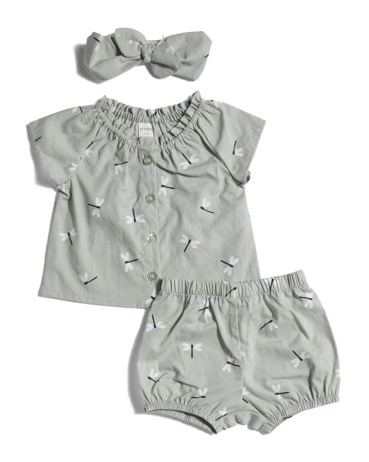 Infant Girls 3pc Button Top And Shorts Set