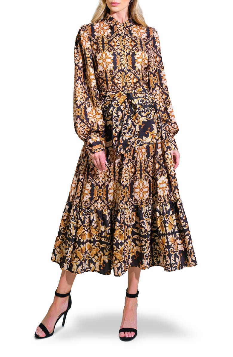 FLYING TOMATO Print Long Sleeve Tiered Midi Shirtdress