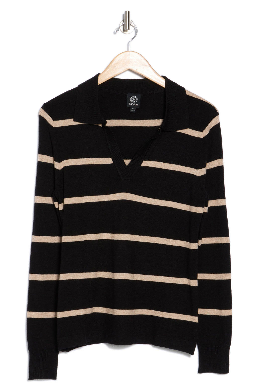 Bobeau Fine Gauge Stripe Polo Sweater, Alternate, color, Black/ H Oatmeal