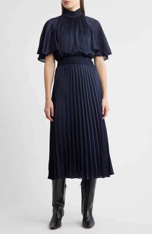 Flutter Sleeve Pleated Midi Dress