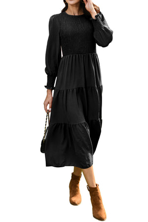Walmart Mengpipi Womens Casual Long Sleeve Midi Dresses Smocked Flowy Tiered Dress Black, Size 12-14