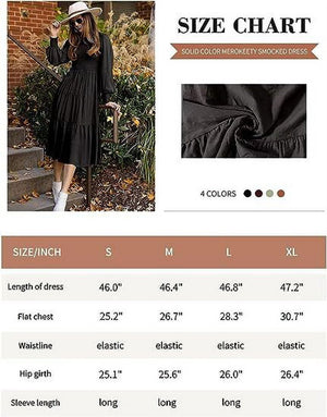 Womens Long Sleeve Dress Crew Neck High Waist Smocked Flowy Casual Midi Dresses for Women 2023 - image 5 of 7