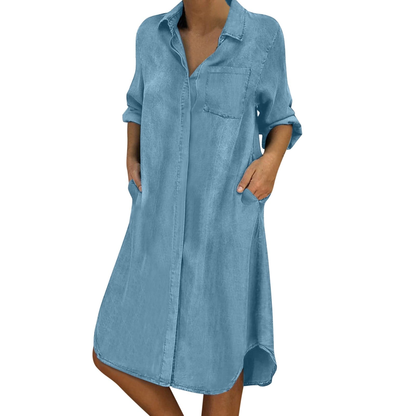 iOPQO summer dress Solid V Pocket Dress Long Sleeve Button Loose Denim Casual Women Dress Neck Women's Casual Dress Long Sleeve Maxi dress Scoop Neck Light blue - image 2 of 5