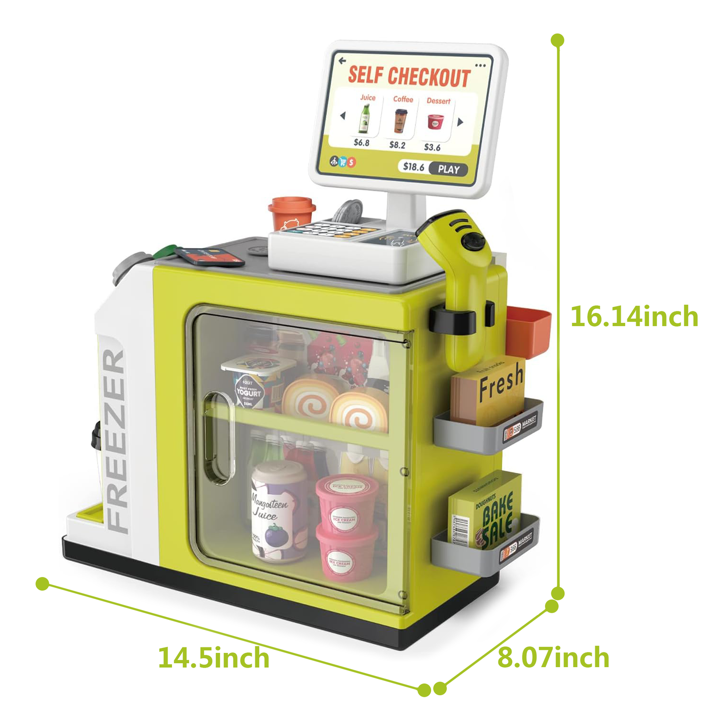 Walmart Adofi 46PCS Upgraded Cash Register Playset for Kids, Cashier Register Toy, Kids Pretend Play Cash Register Toys with Scanner, Shopping Cart, Calculator, Play Food, Toys for Girls 3 6 Years-Green