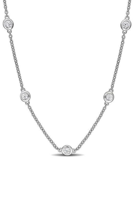DELMAR Sterling Silver Lab Grown White Sapphire Station Chain Necklace