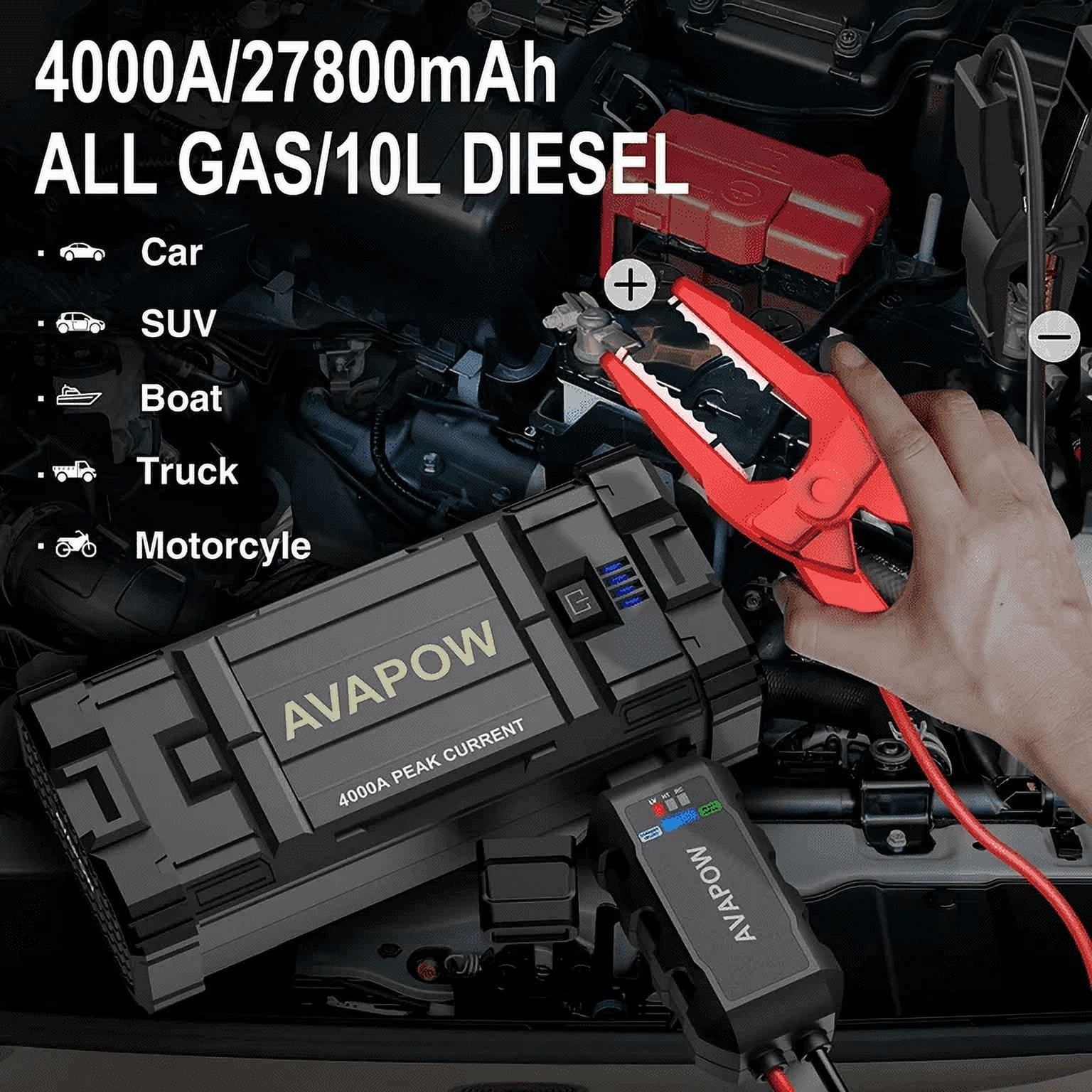 thumbnail image 3 of AVAPOW Car Jump Starter, 4000A Peak 27800mAh Battery Jump Starter (for All Gas or Up to 10L Diesel), Battery Booster Power Pack, 12V Auto Jump Box with LED Light, USB Quick Charge 3.0, 3 of 8