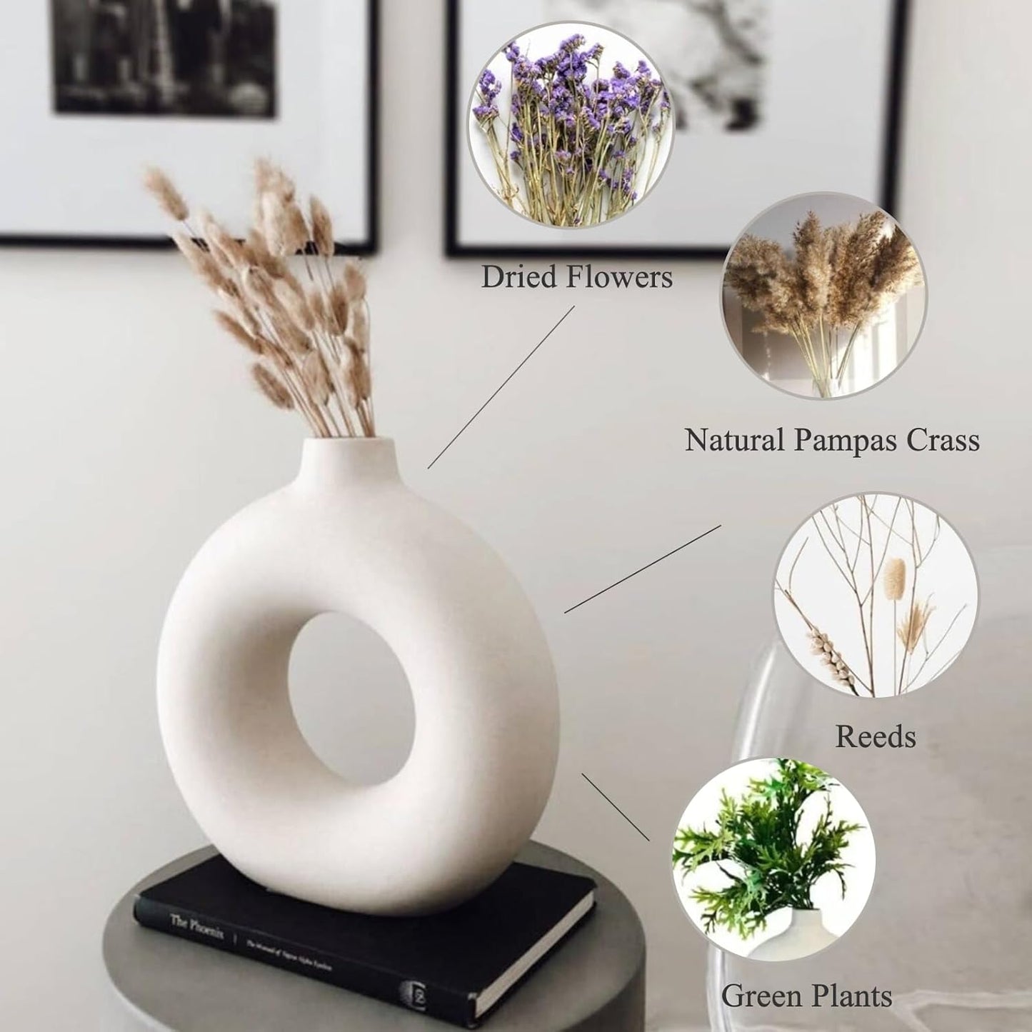 Walmart Puseky Nordic Style Ceramic Vase Set of 2, White Ceramic Vase for Home Decor, Modern Farmhouse Donut Shape Flower Vase for Bookshelf