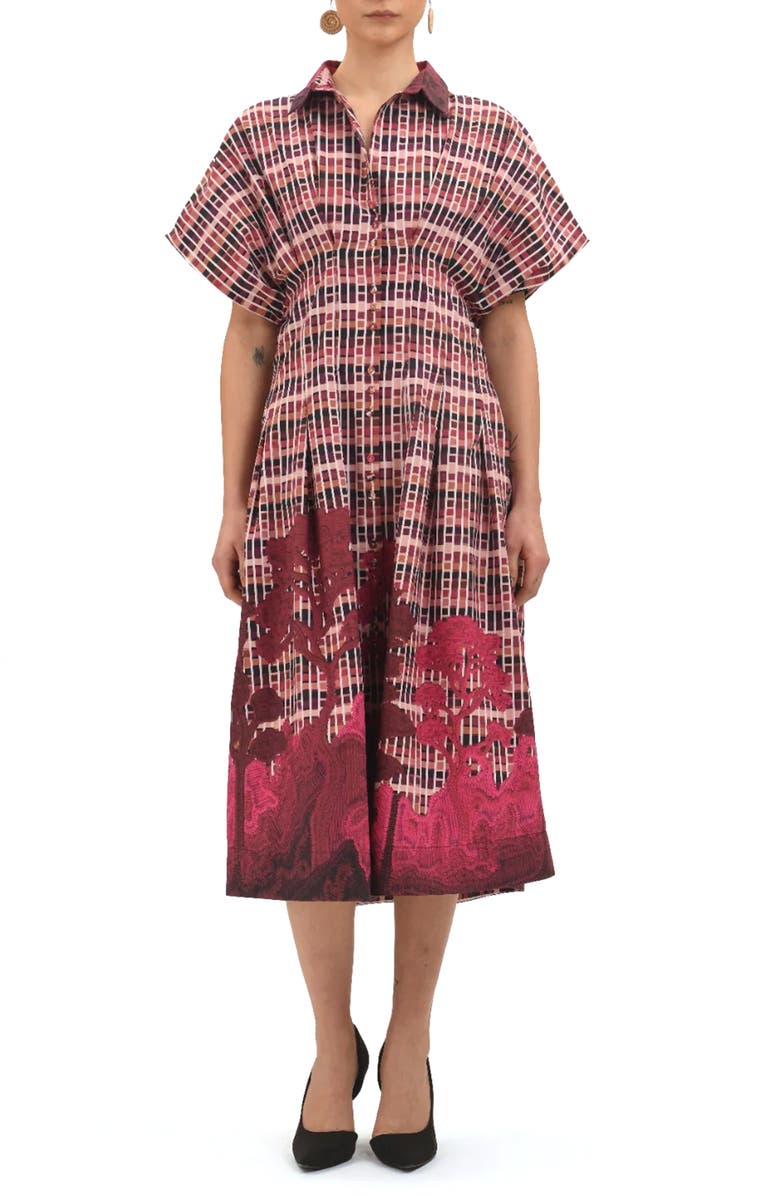 Celina Moon Tartan Embroidered Short Sleeve Cotton Shirtdress