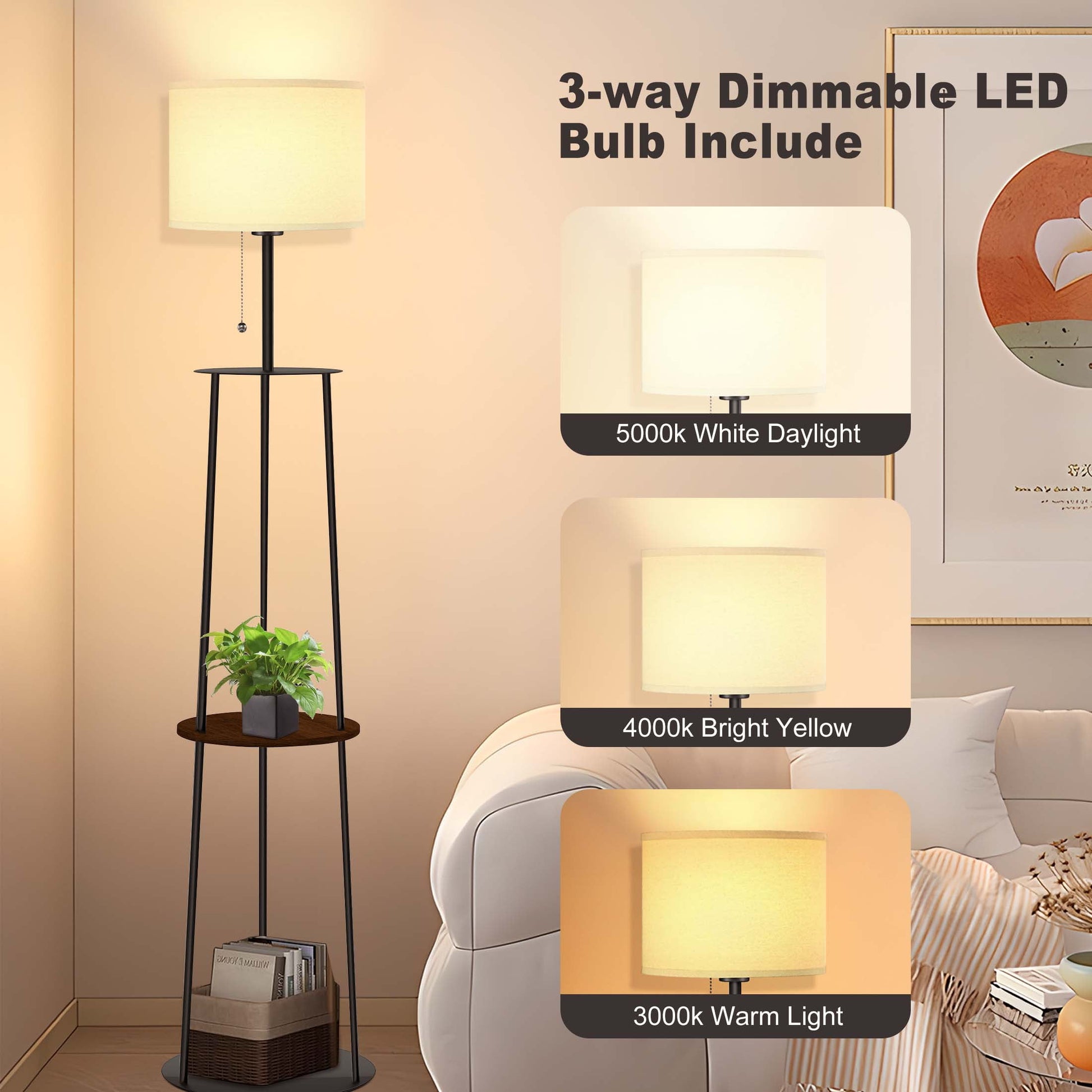 thumbnail image 4 of 65" Floor Lamp with Shelves, 3 Color Temperature Bulb, Remote Control, Stepless Dimming - Modern Design with Circular Stand and Linen Lampshade, 4 of 7