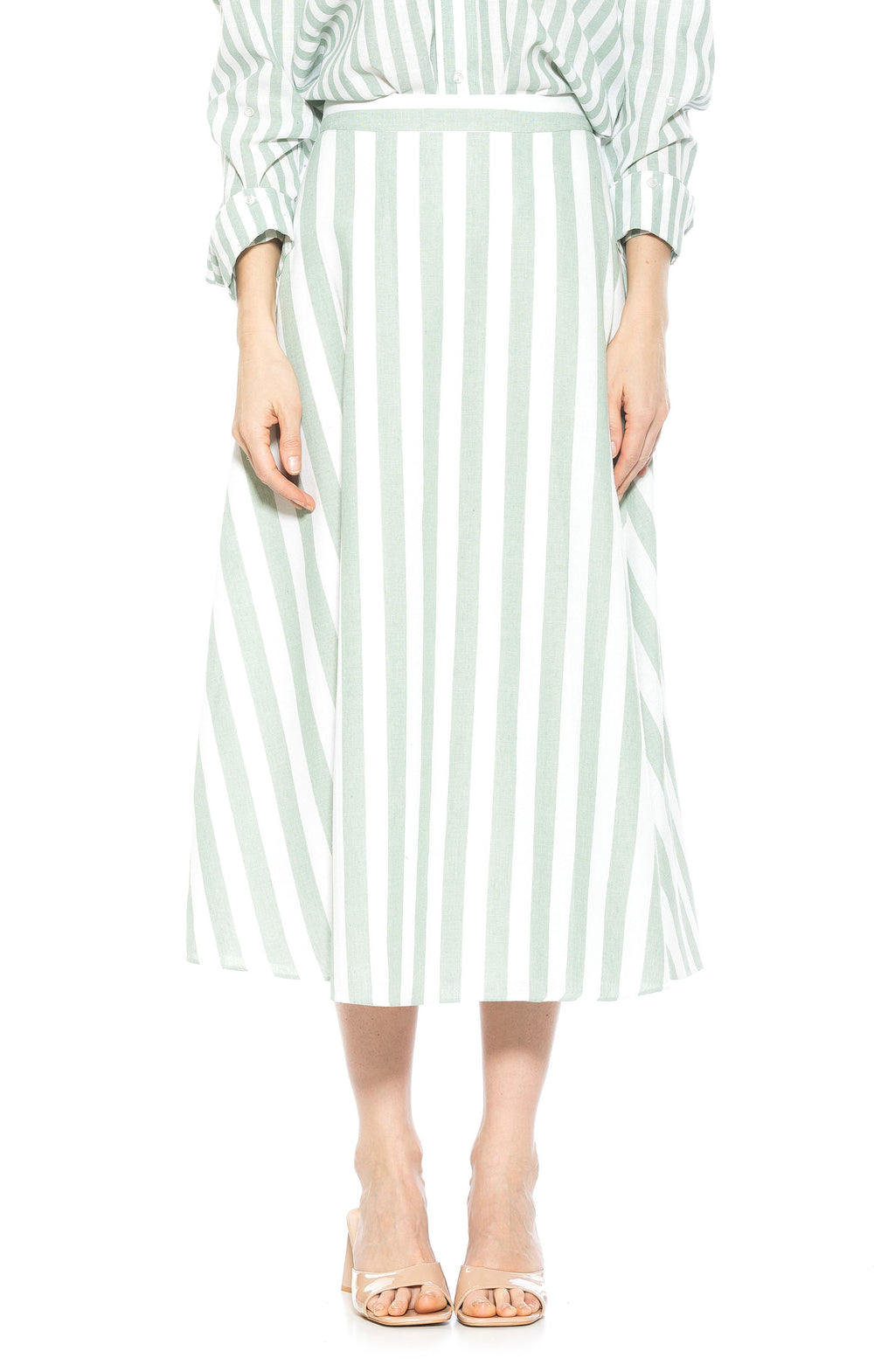 Alexia Admor Brilyn Stripe A-Line Linen Skirt, Main, color, Green Stripe