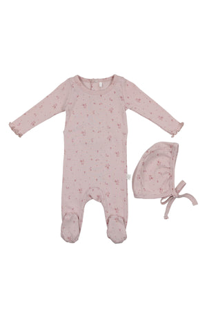 Pouf Floral Print Footie & Hat Set, Main, color, Pink