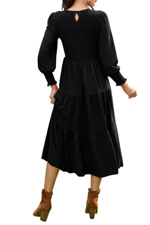 Walmart Mengpipi Womens Casual Long Sleeve Midi Dresses Smocked Flowy Tiered Dress Black, Size 12-14