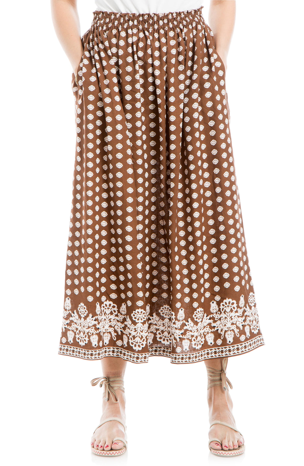 MAX STUDIO Print Linen Blend Midi Skirt, Main, color, Chstnt Flrl Border
